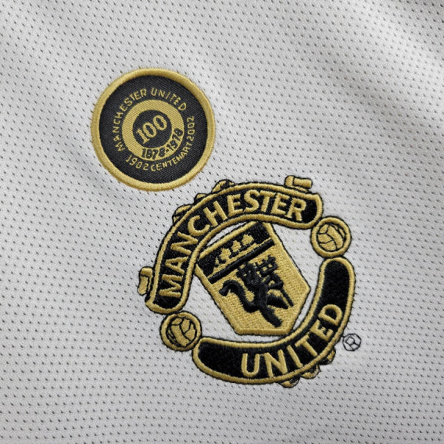 Camisa Manchester United Retrô 01/02 Umbro - Dupla Face - Branco e Dourado