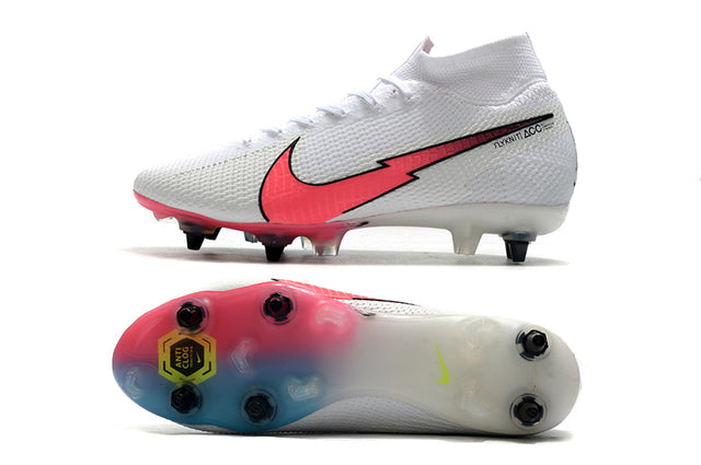 Chuteira Campo Nike Mercurial Superfly 7 Elite SG-PRO Anti Clog Branco/Rosa/Azul - Cano Alto